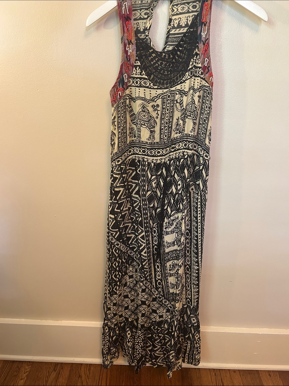 Lucky Brand Black & Cream Boho Elephant Maxi Dress with Red Accents